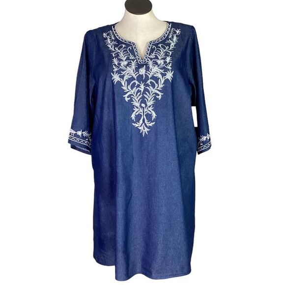 Kindred Mini Dress Womens 2X Blue Peasant Boho Embroidered 3/4 Sleeves NWD - Picture 1 of 7